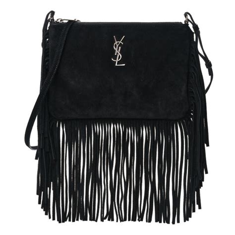 SAINT LAURENT Suede Calfskin Small Fringe Crossbody Bag 